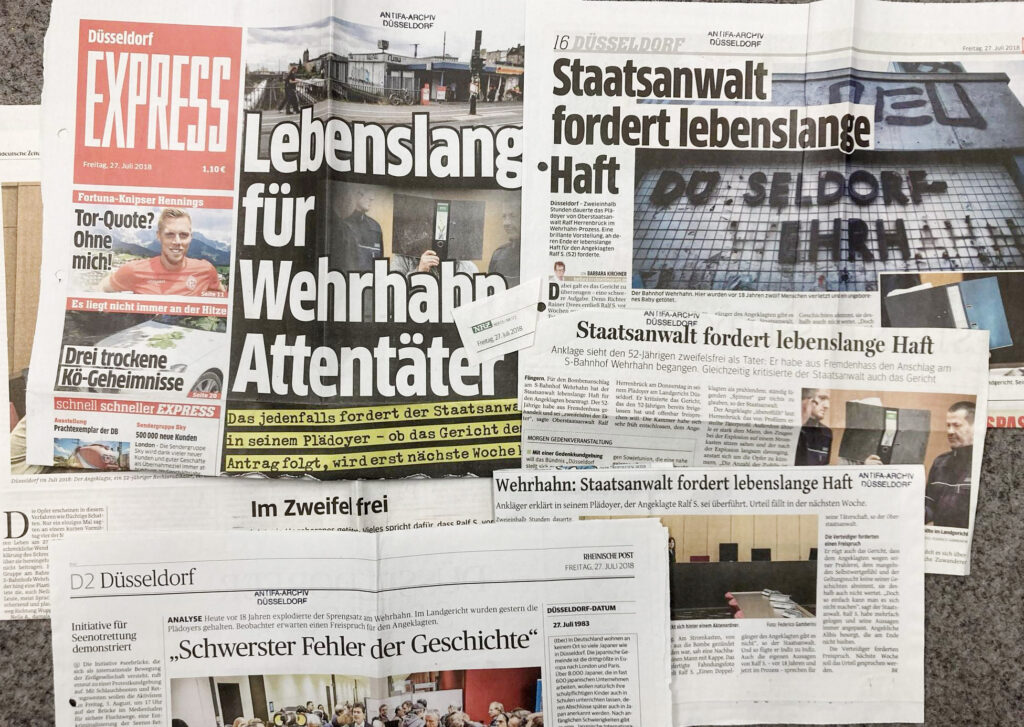 Auswahl an Zeitungsartikeln zum Prozess, Quelle: Antifa-Archiv Düsseldorf